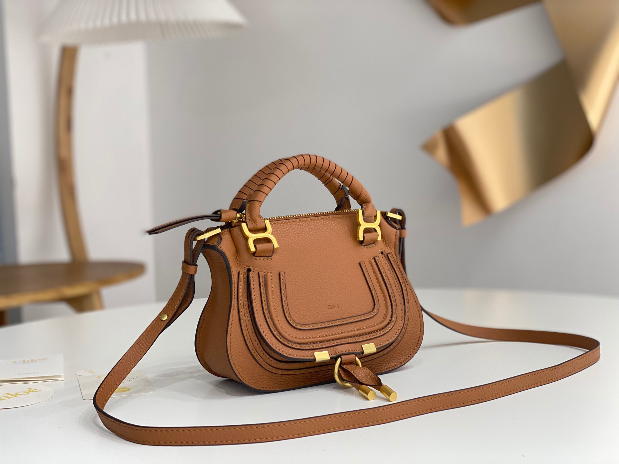 Chloe Mini Marcie Bag In Brown Grained Leather